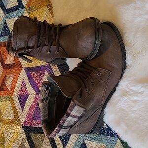 Cliffs White Mountain Brown Plaid Cuff Boho Lace Up Outdoor Hiking Combat Boots